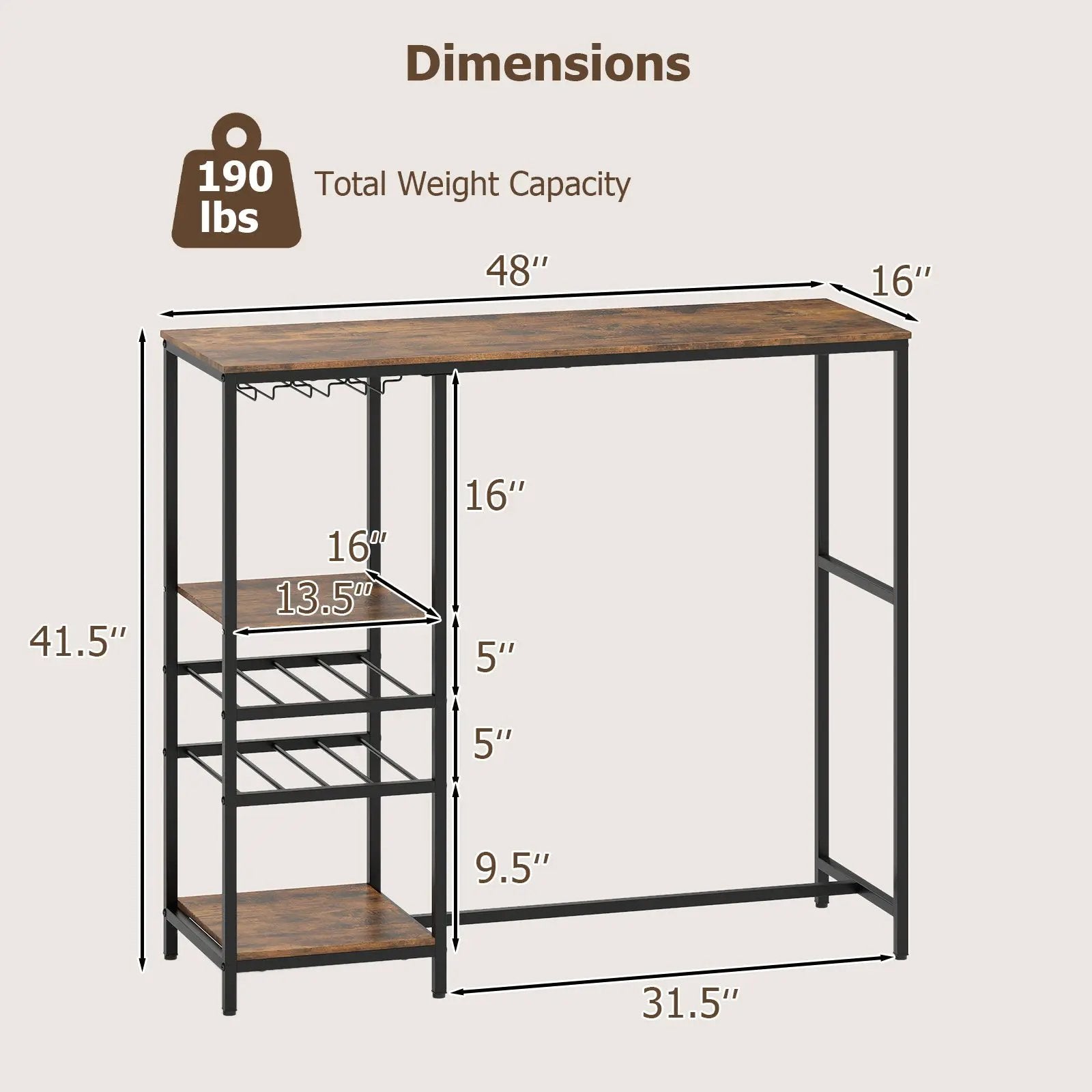 Long Bar Table Bar Height Dining Table with Storage Shelves-Rustic Brown by DirectDeals