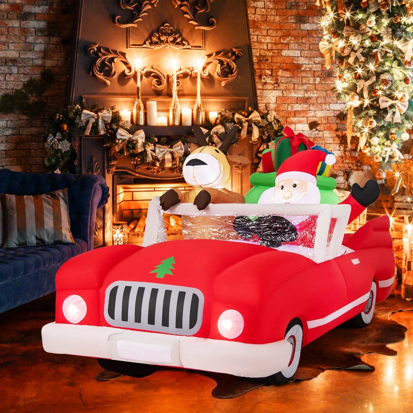 7.7 Feet Long Christmas Inflatable Santa Claus and Reindeer Riding Red Car with Gift Bag and 9 LED White Lights by DirectDeals