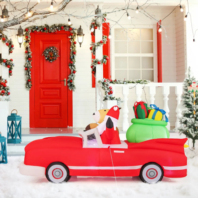 7.7 Feet Long Christmas Inflatable Santa Claus and Reindeer Riding Red Car with Gift Bag and 9 LED White Lights by DirectDeals
