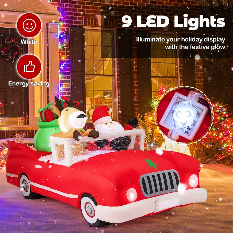 7.7 Feet Long Christmas Inflatable Santa Claus and Reindeer Riding Red Car with Gift Bag and 9 LED White Lights by DirectDeals
