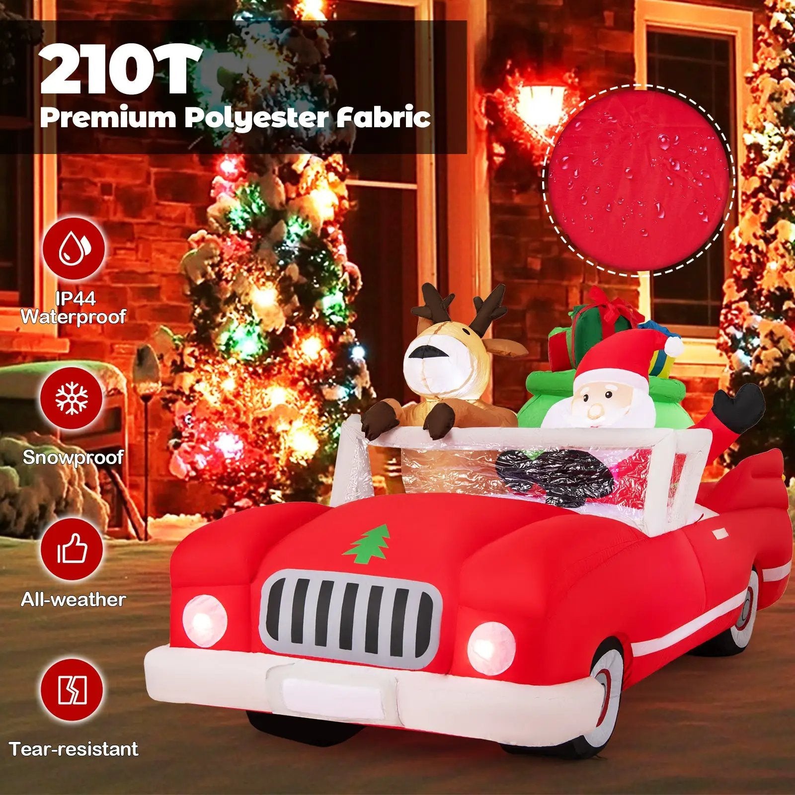 7.7 Feet Long Christmas Inflatable Santa Claus and Reindeer Riding Red Car with Gift Bag and 9 LED White Lights by DirectDeals