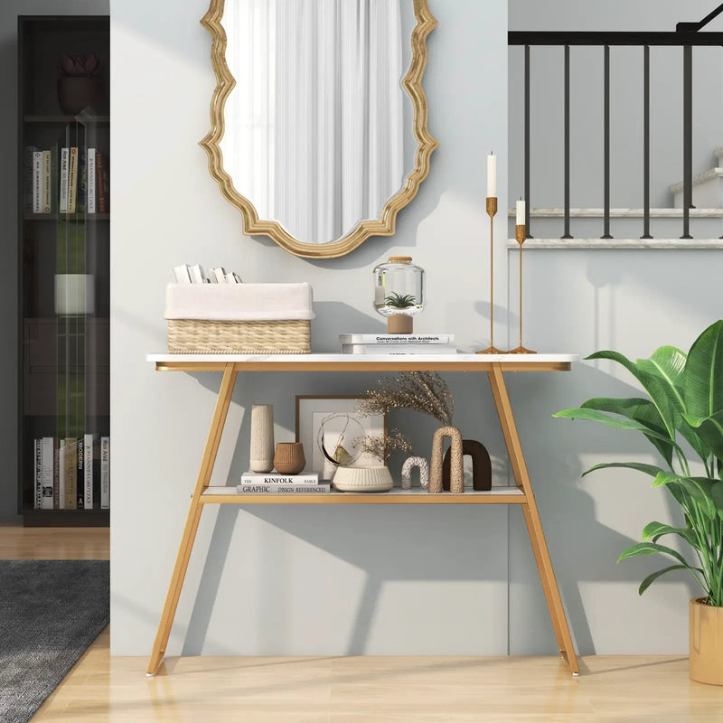 Console Table with Open Shelf Gold Metal Frame Living Room Hallway-White by DirectDeals