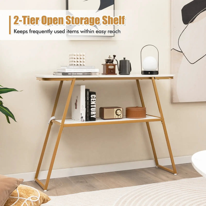 Console Table with Open Shelf Gold Metal Frame Living Room Hallway-White by DirectDeals