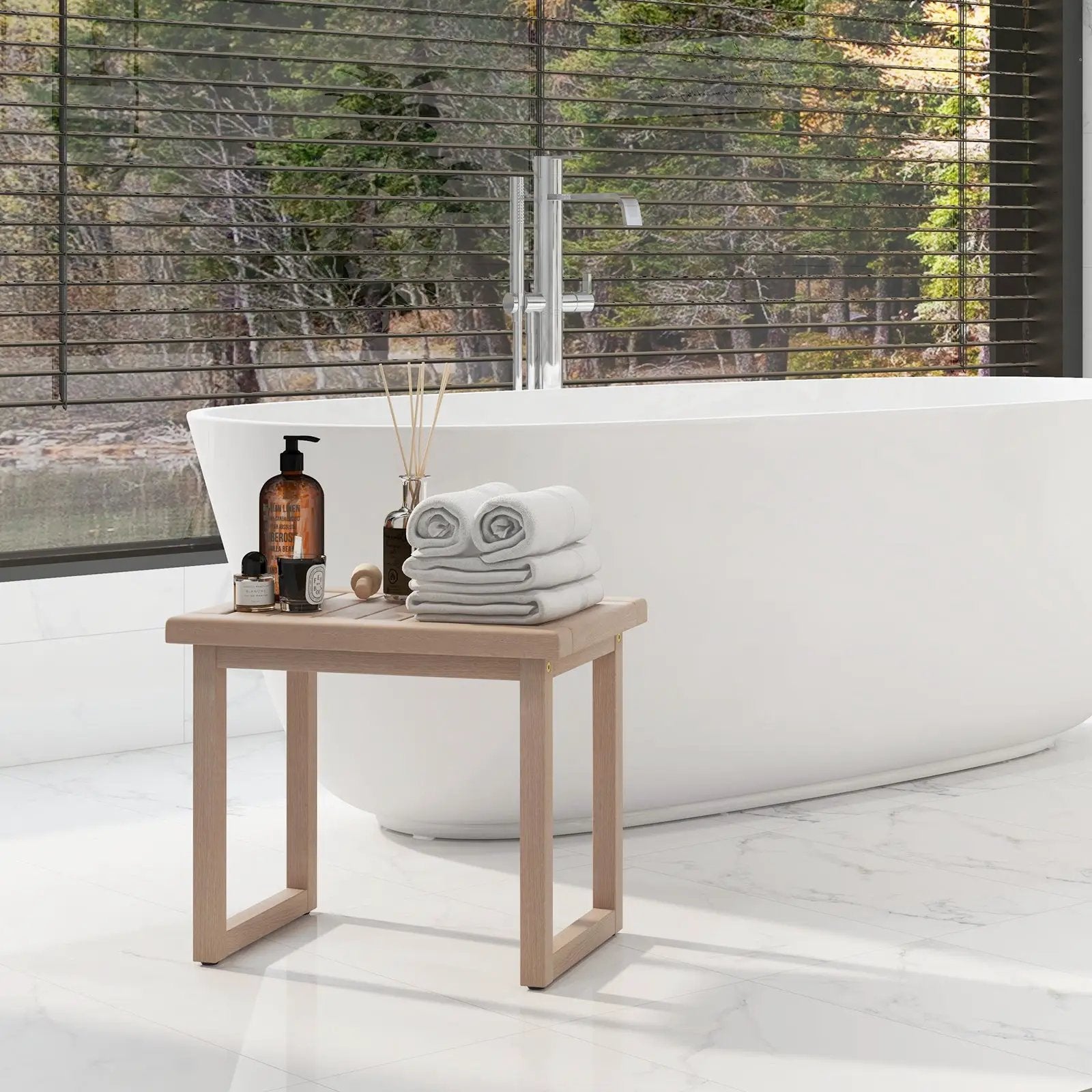 Long Natural Wood Bath Spa Stool with Non-slip Foot Pads for Elderly by DirectDeals