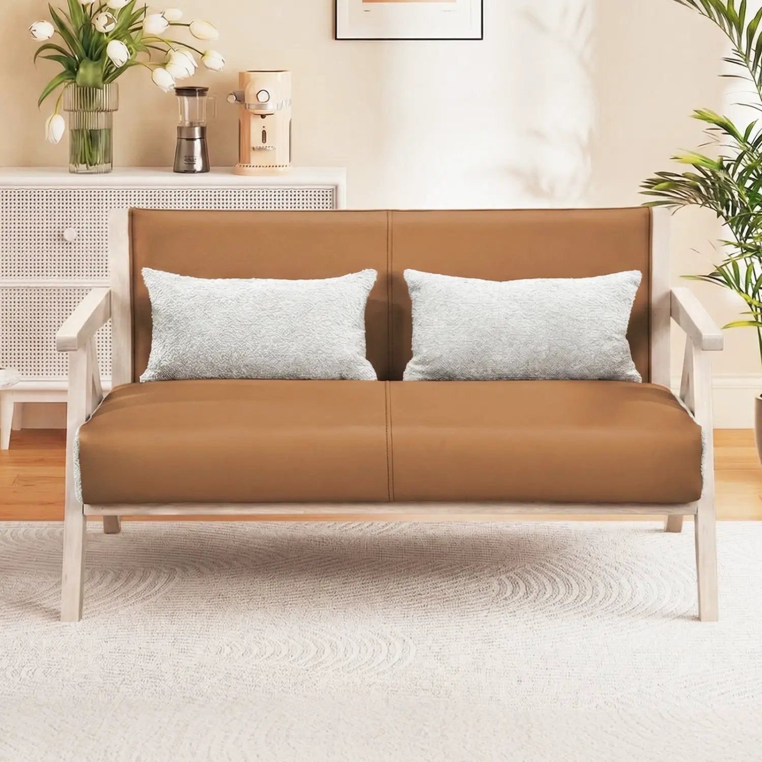 Loveseat Sofa for Small Spaces with Throw Pillows Rubber Wood Frame Padded Seat by DirectDeals