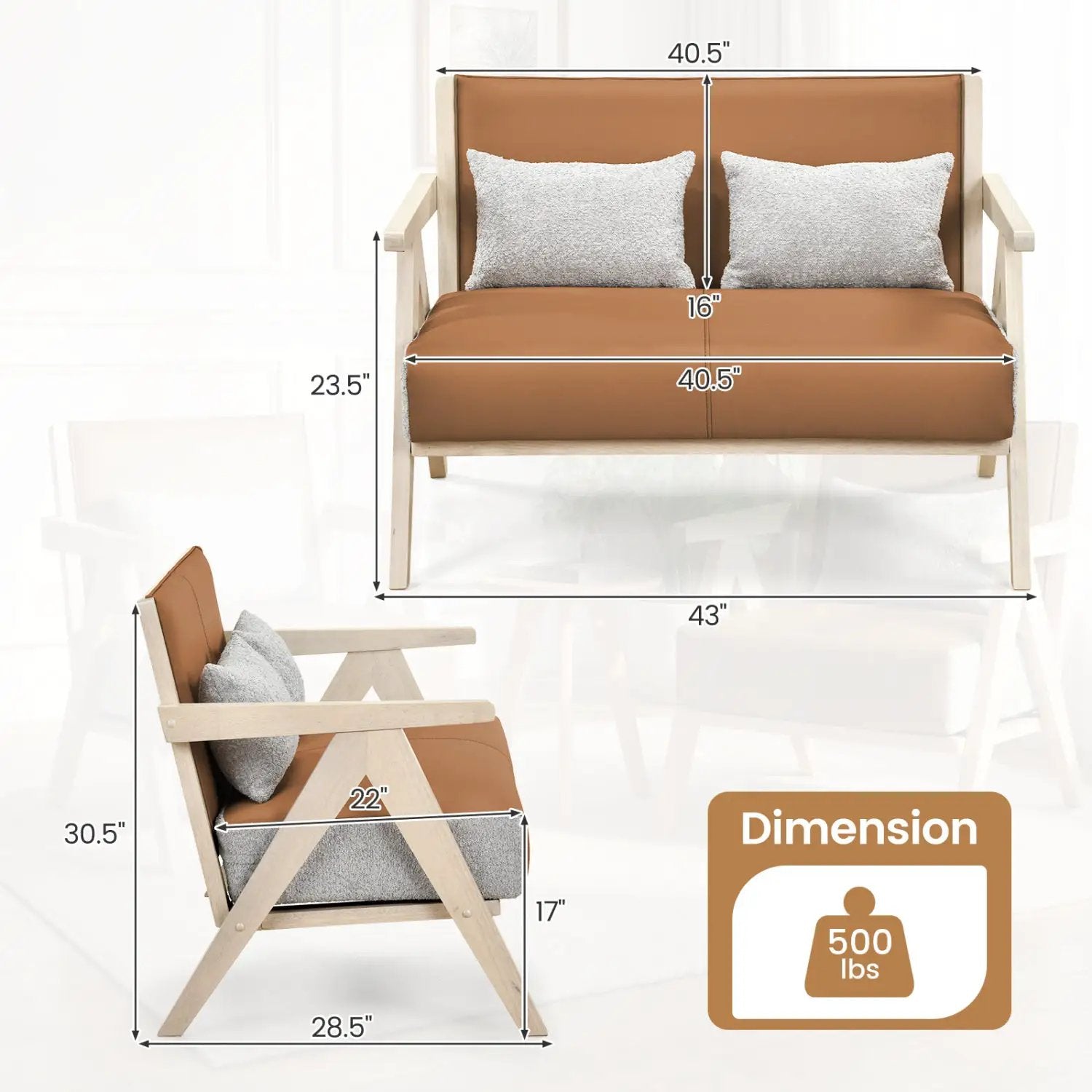 Loveseat Sofa for Small Spaces with Throw Pillows Rubber Wood Frame Padded Seat by DirectDeals