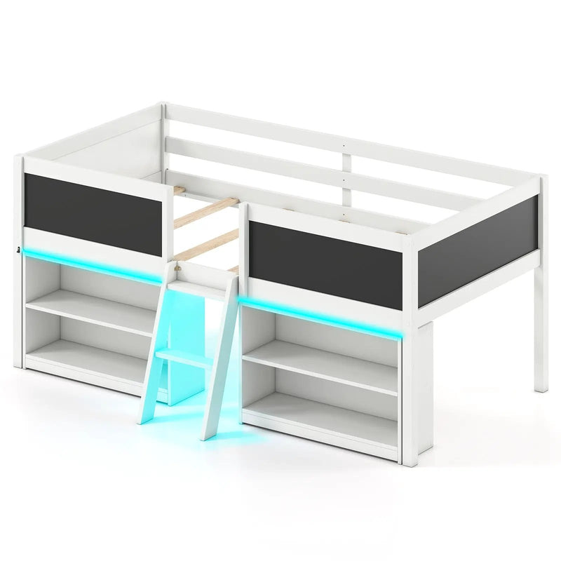Low Loft Bed with LED Lights Kid's Cabin Bed with Bookcases by DirectDeals