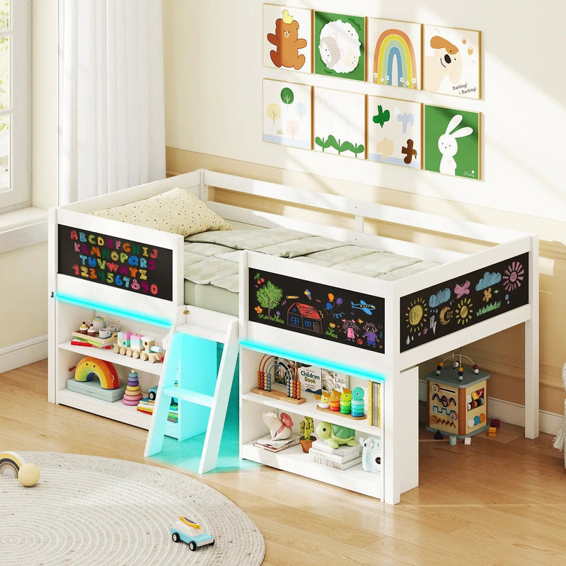 Low Loft Bed with LED Lights Kid's Cabin Bed with Bookcases by DirectDeals