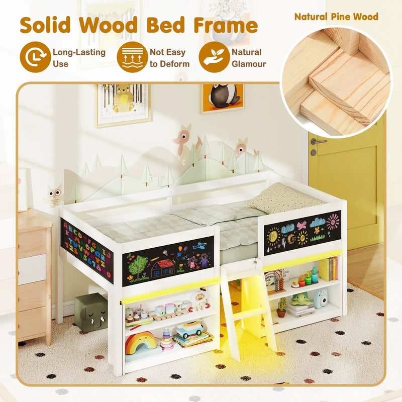 Low Loft Bed with LED Lights Kid's Cabin Bed with Bookcases by DirectDeals