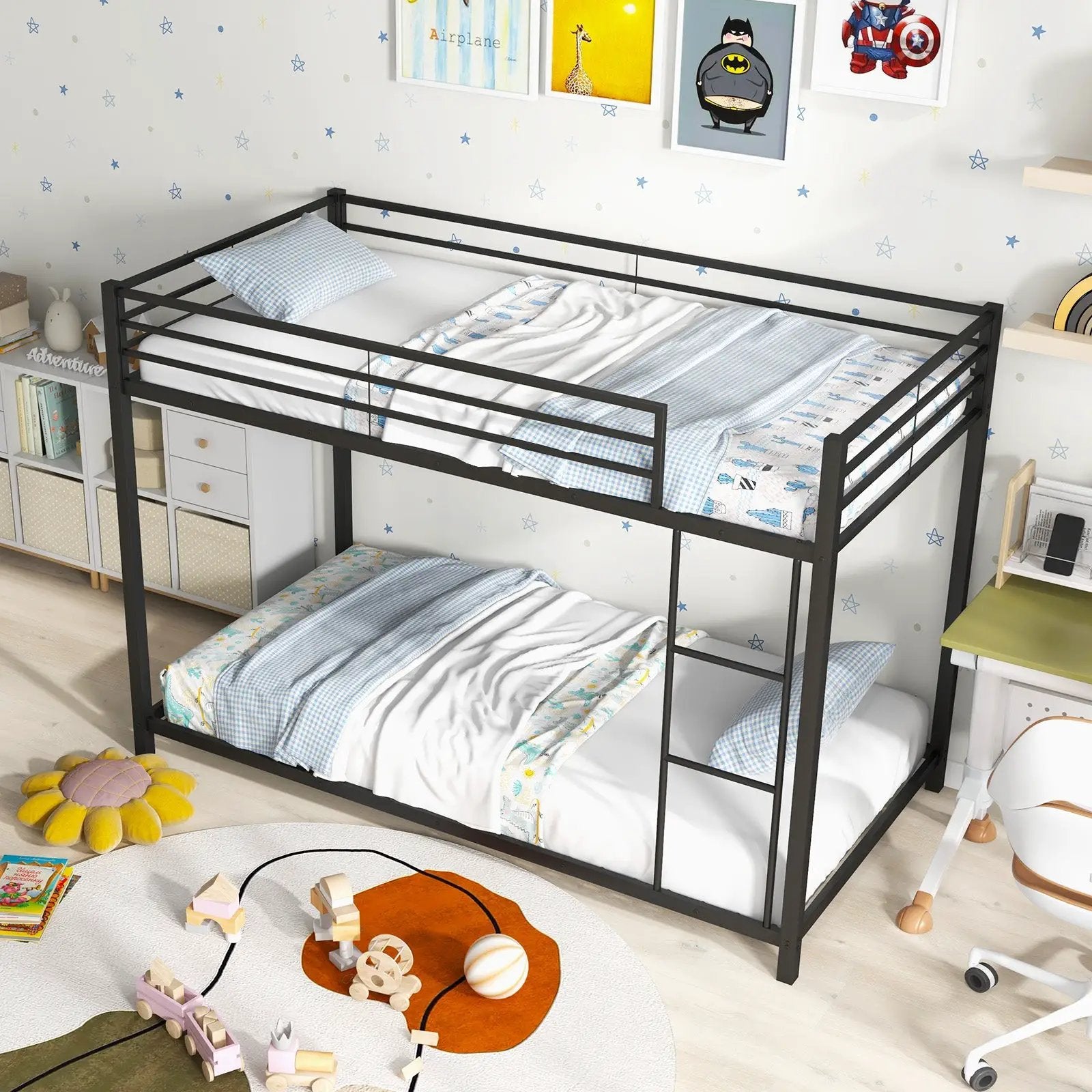 Low Profile Twin Over Twin Metal Bunk Bed with Full-length Guardrails by DirectDeals