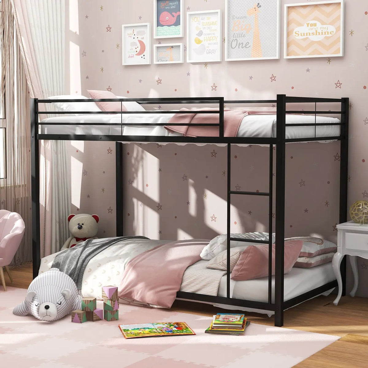 Low Profile Twin Over Twin Metal Bunk Bed with Full-length Guardrails, photo 2 of 10