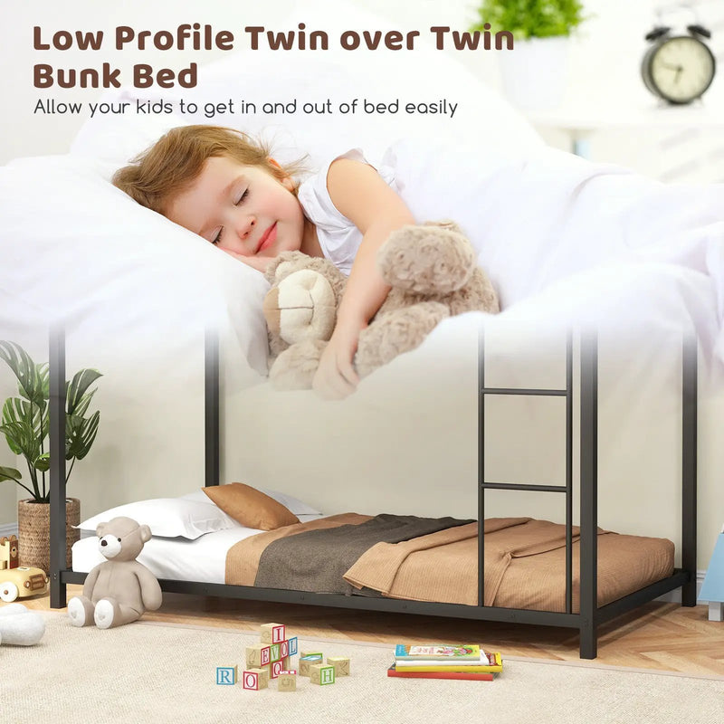Low Profile Twin Over Twin Metal Bunk Bed with Full-length Guardrails by DirectDeals