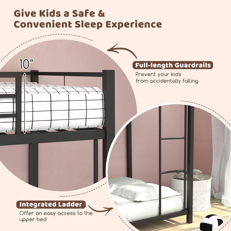 Low Profile Twin Over Twin Metal Bunk Bed with Full-length Guardrails by DirectDeals