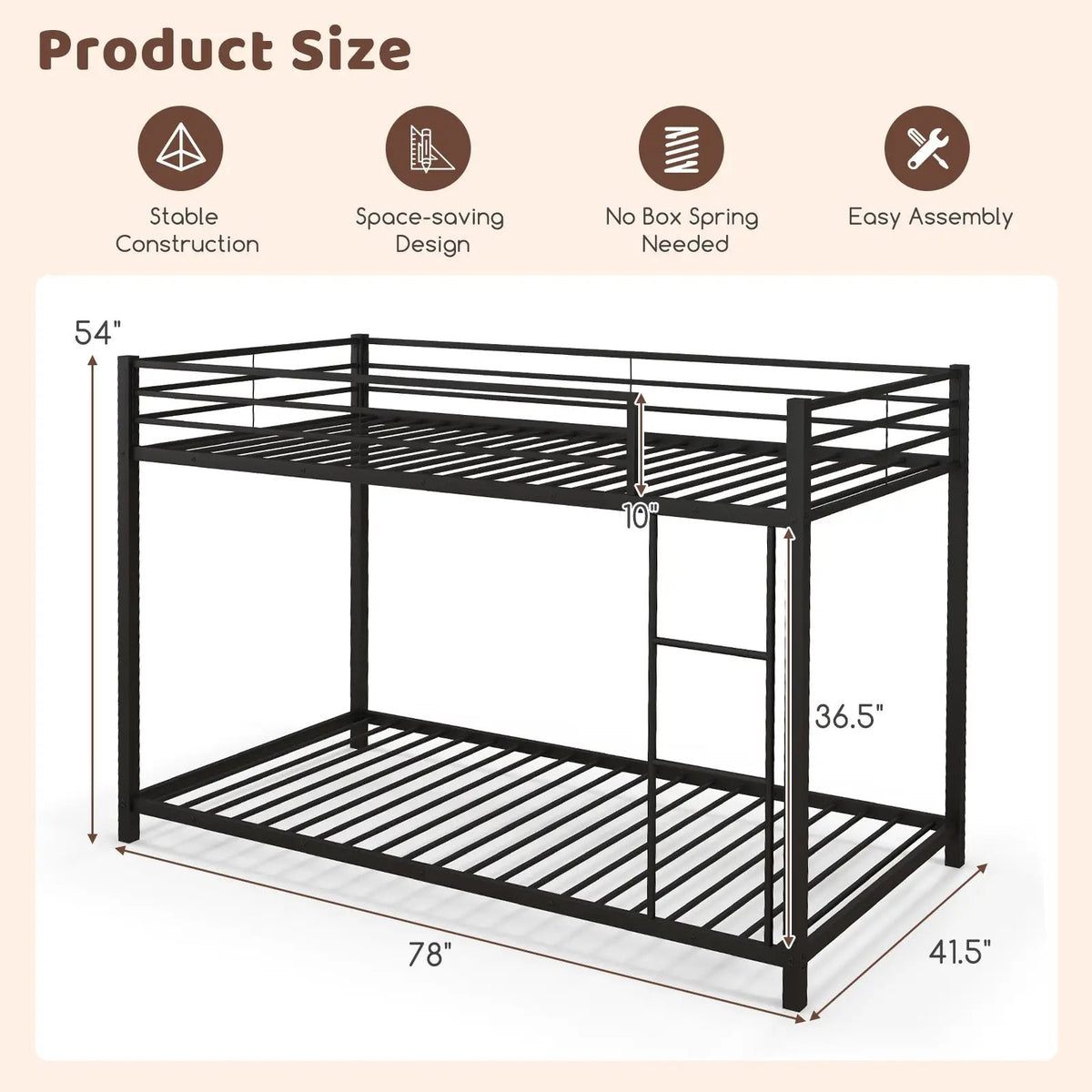 Low Profile Twin Over Twin Metal Bunk Bed with Full-length Guardrails, photo 5 of 10