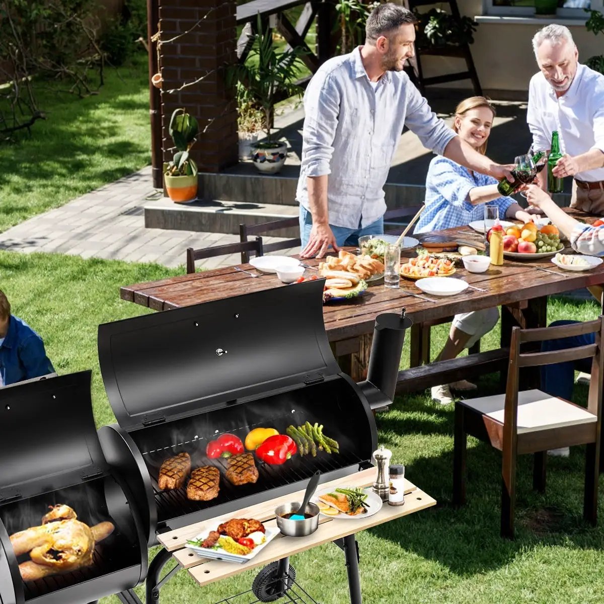 Low Smoke Outdoor BBQ Grill Steel Barbecue Cooker with Firebox by DirectDeals