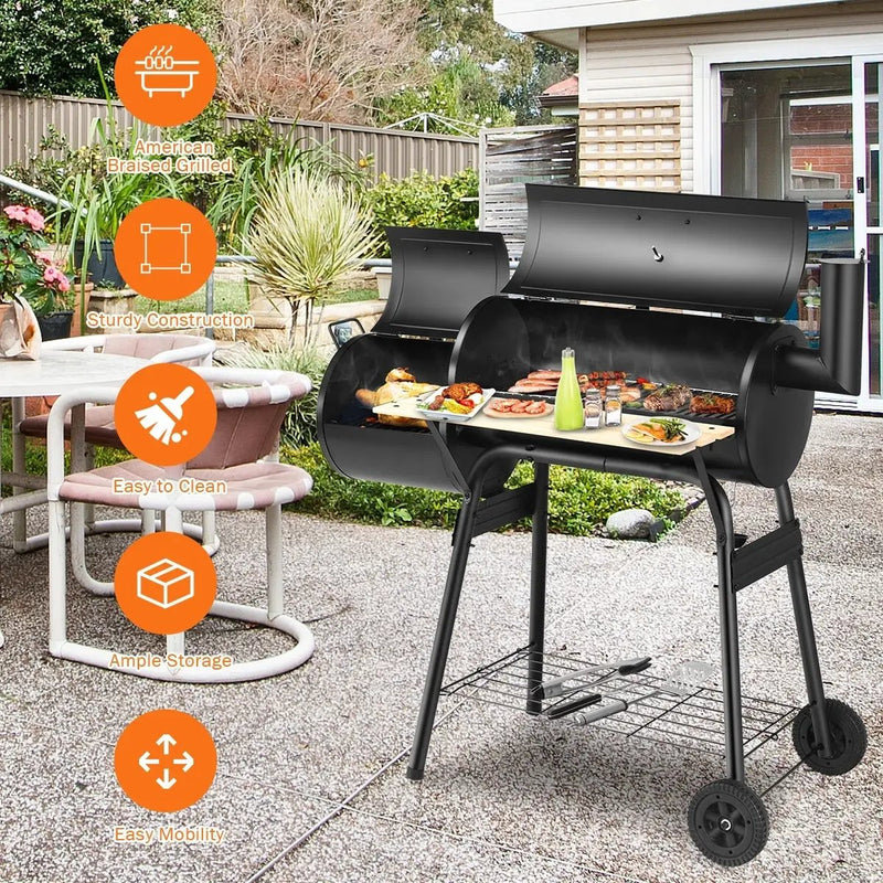 Low Smoke Outdoor BBQ Grill Steel Barbecue Cooker with Firebox by DirectDeals