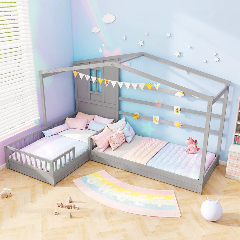 L-shaped Double Twin Beds House Platform Beds with Fences Corner Bed Frame by DirectDeals