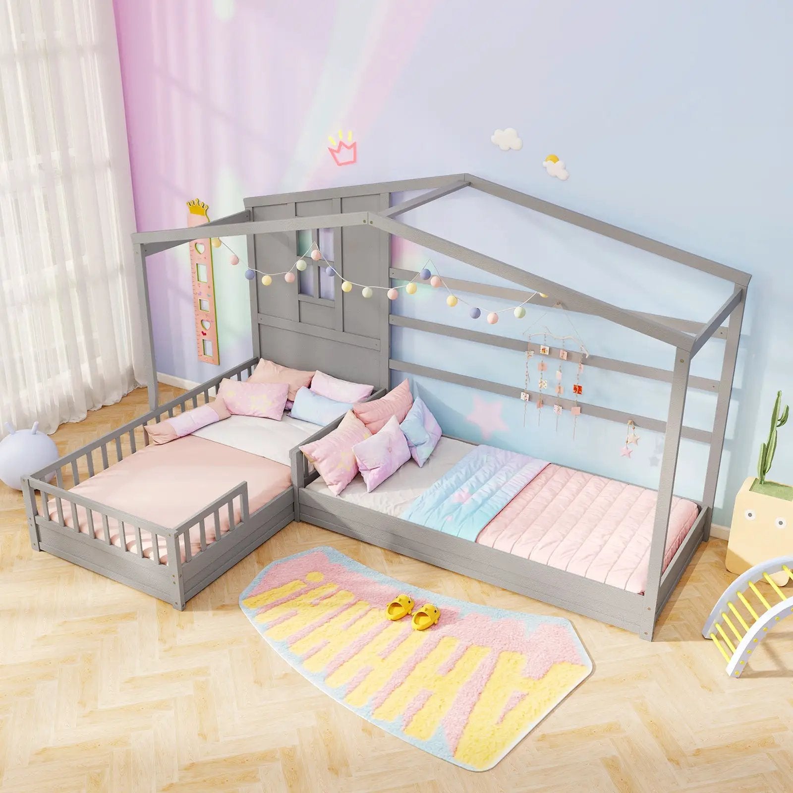 L-shaped Double Twin Beds House Platform Beds with Fences Corner Bed Frame by DirectDeals
