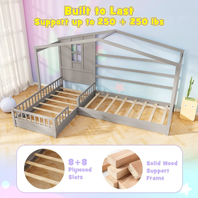 L-shaped Double Twin Beds House Platform Beds with Fences Corner Bed Frame by DirectDeals
