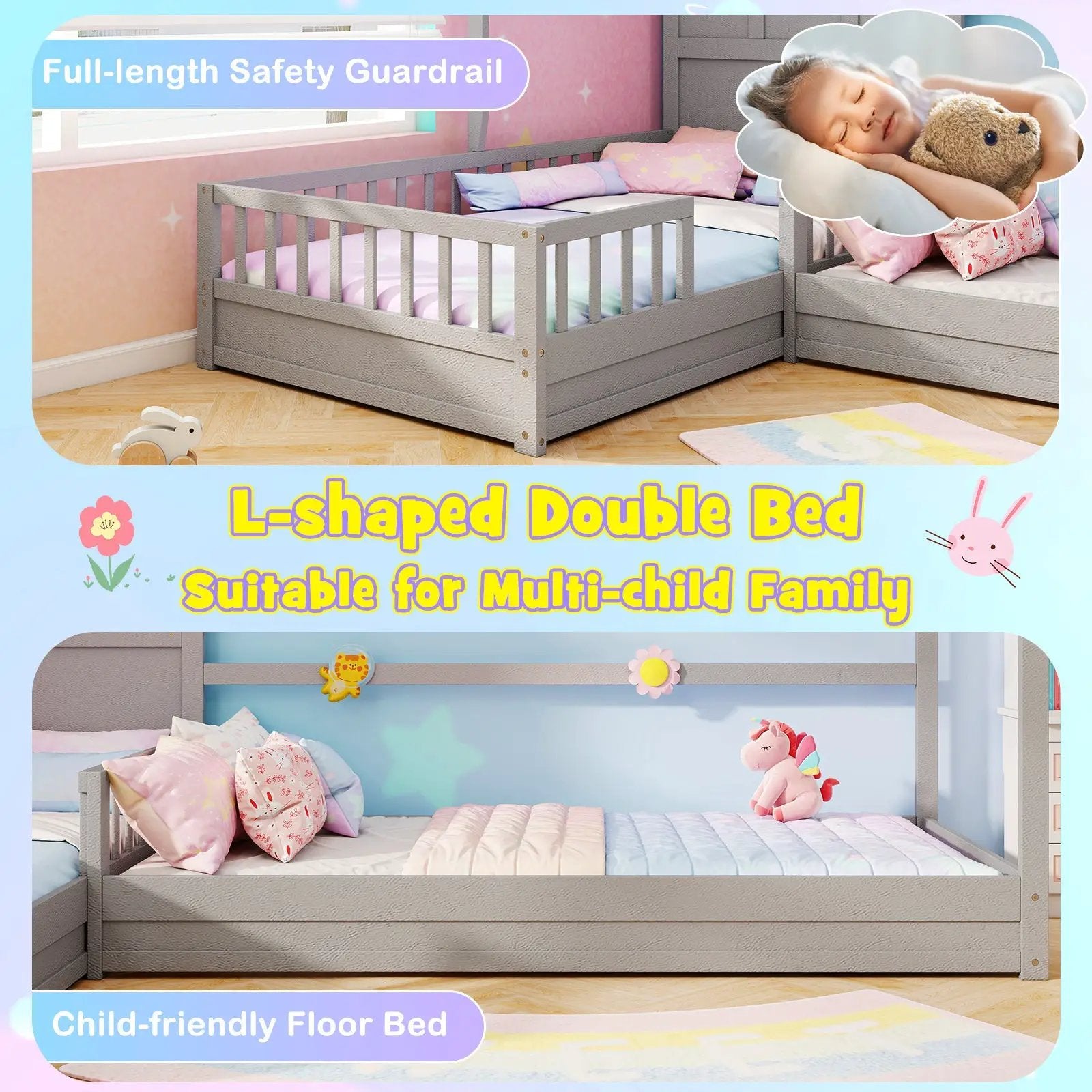L-shaped Double Twin Beds House Platform Beds with Fences Corner Bed Frame by DirectDeals
