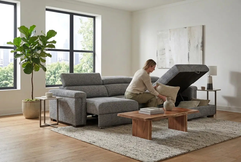Lucious Gray Double Slider Power Sectional Sofa w/ Storage LAF Chaise by Ornate Furniture