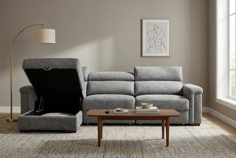 Lucious Gray Double Slider Power Sectional Sofa w/ Storage RAF Chaise by Ornate Furniture