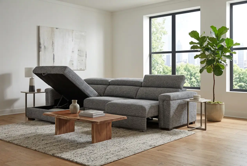 Lucious Gray Double Slider Power Sectional Sofa w/ Storage RAF Chaise by Ornate Furniture