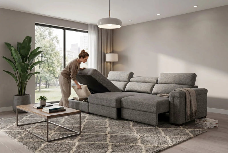 Lucious Gray Double Slider Power Sectional Sofa w/ Storage RAF Chaise by Ornate Furniture