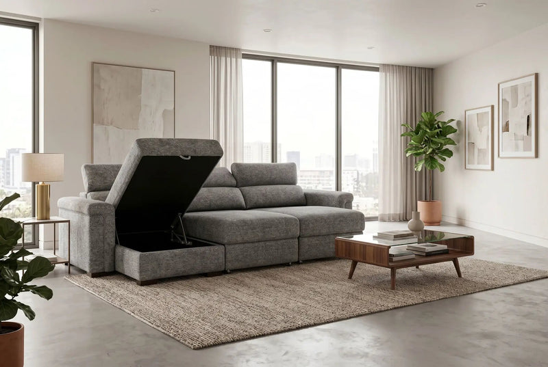Lucious Gray Double Slider Power Sectional Sofa w/ Storage RAF Chaise by Ornate Furniture