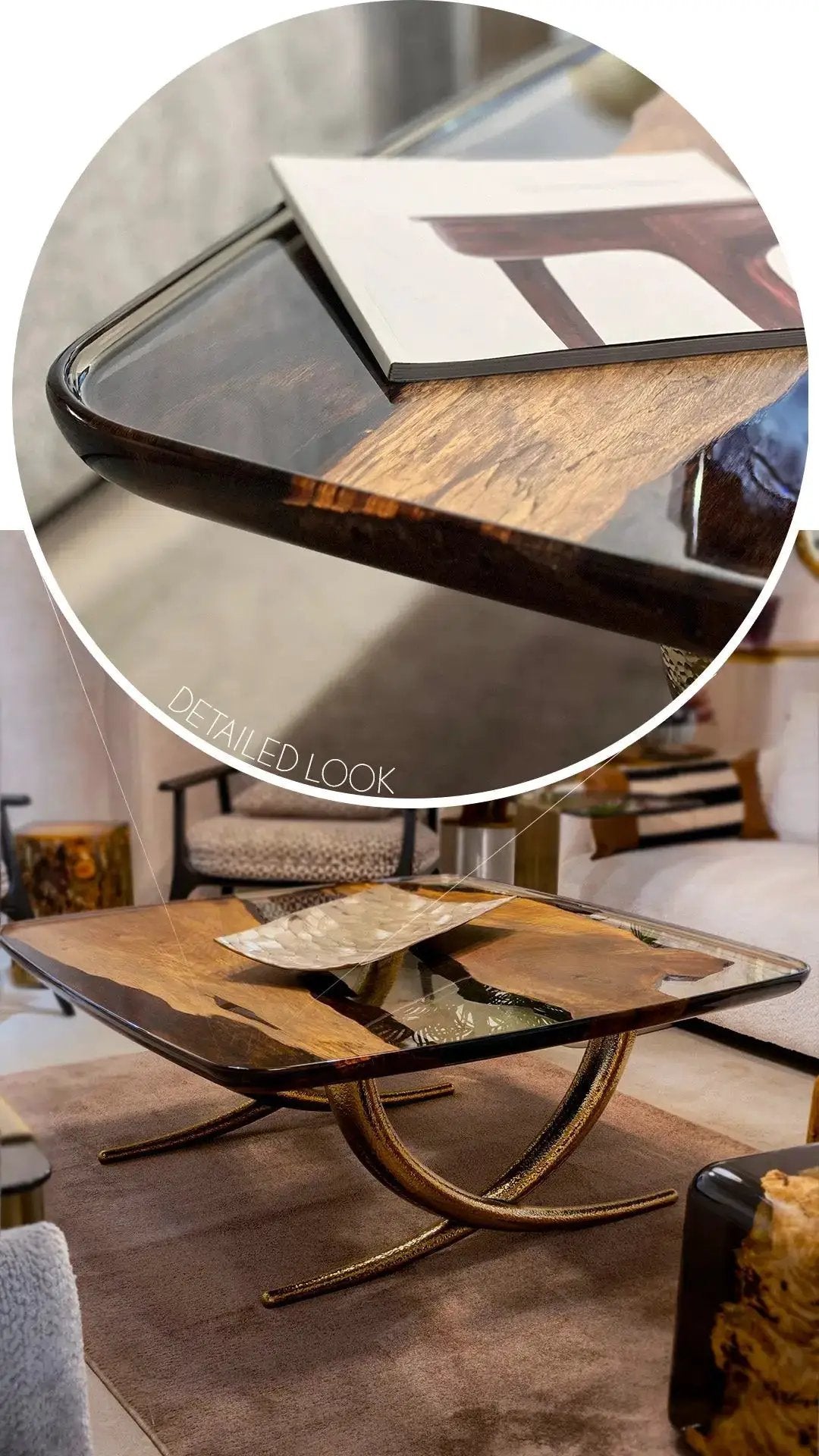 Luxurious Ivory Shaped Epoxy Resin Dining Room Coffee Table, detail