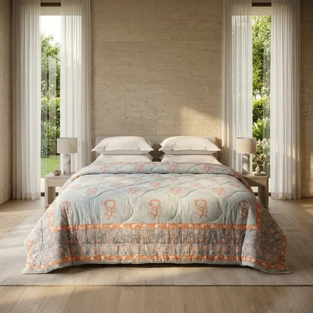 House of Avana Blue Grey & Peach Floral Jaipur Indian Hand Block Print Quilted Comforter by House Of Avana