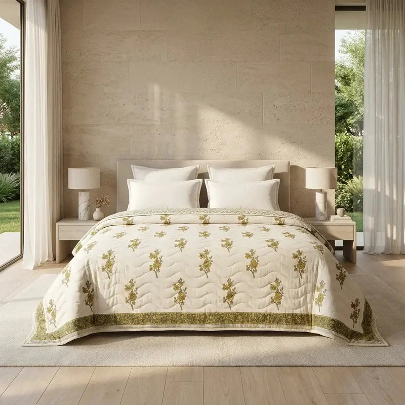 House of Avana Cream & Mustard Yellow Olive Floral Jaipur Indian Hand Block Print Quilted Comforter by House Of Avana
