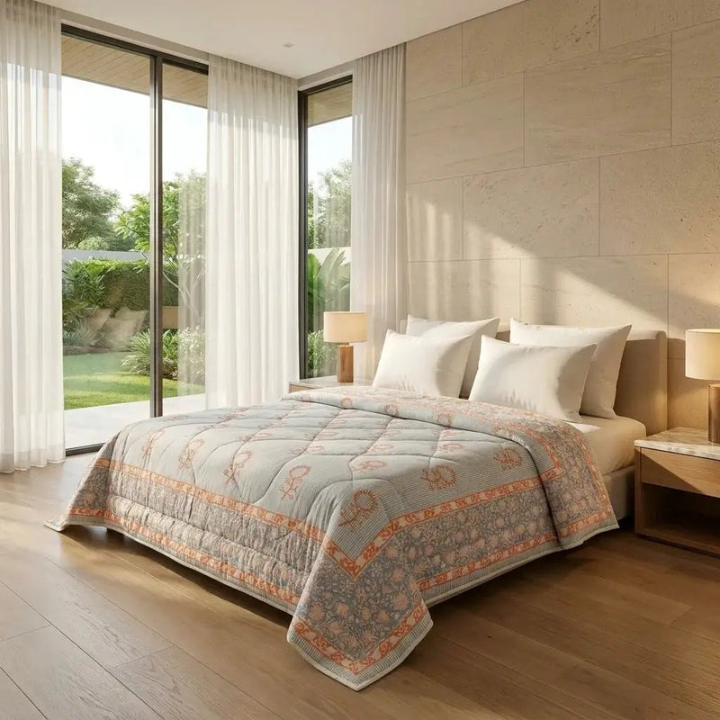 House of Avana Cream & Golden Yellow Olive Floral Jaipur Indian Hand Block Print Quilted Comforter by House Of Avana
