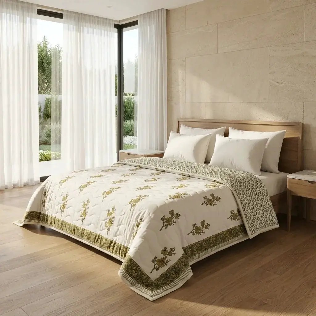 House of Avana Cream & Mustard Yellow Olive Floral Jaipur Indian Hand Block Print Quilted Comforter by House Of Avana