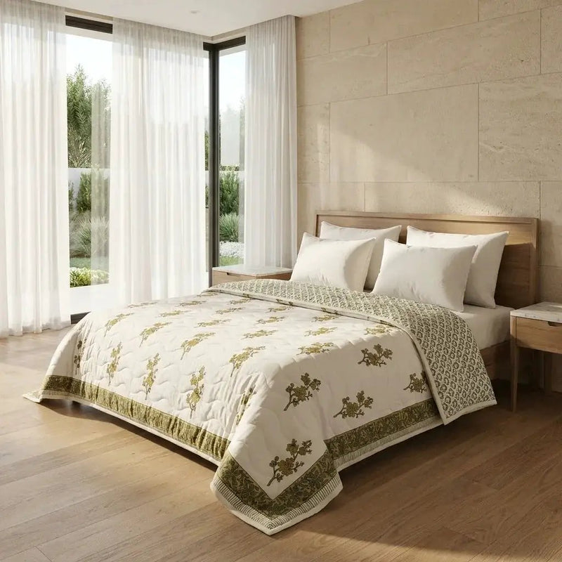 House of Avana Cream & Mustard Yellow Olive Floral Jaipur Indian Hand Block Print Quilted Comforter by House Of Avana