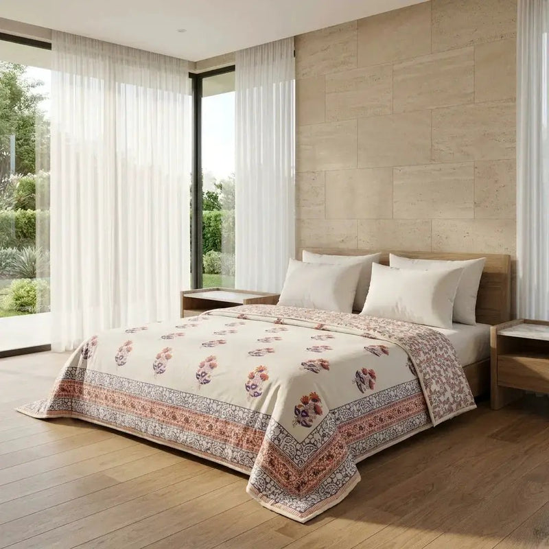 House of Avana Lavender Grey & Cream Floral Jaipur Indian Hand Block Print Quilted Comforter by House Of Avana