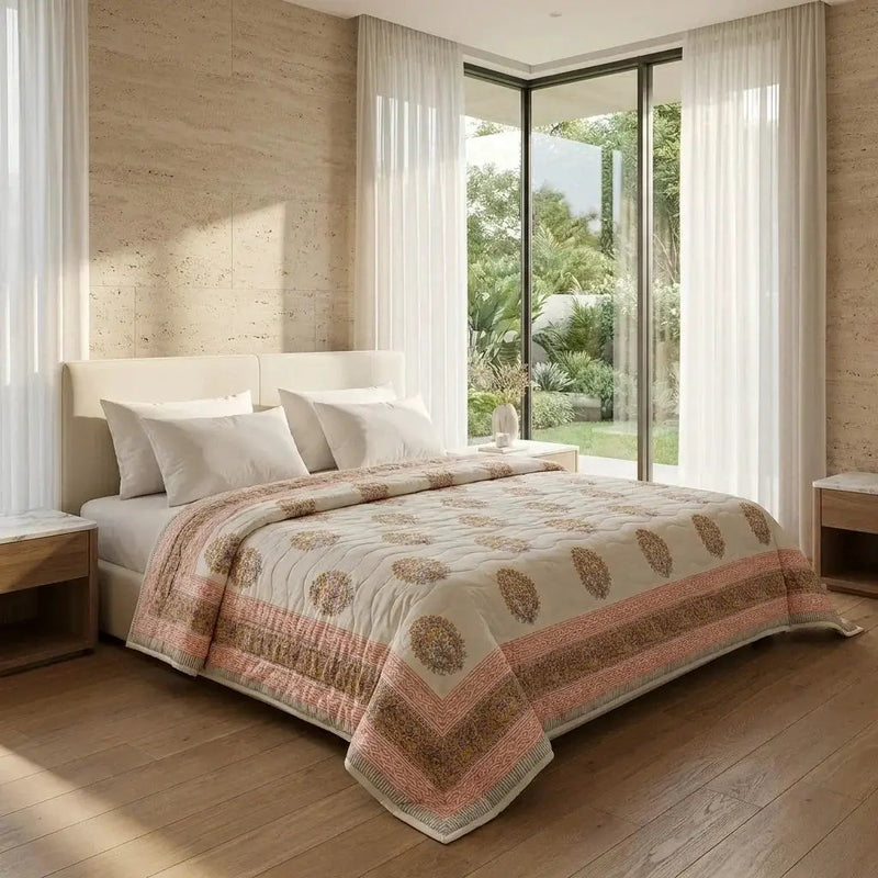 House of Avana Cream & Sage Green Rose Pink Floral Jaipur Indian Hand Block Print Quilted Comforter by House Of Avana