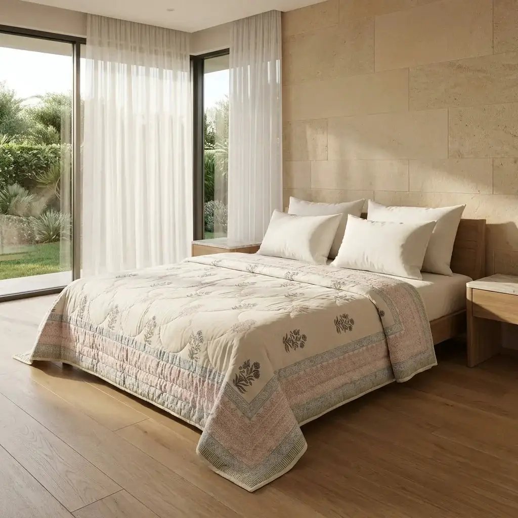 House of Avana Cream & Burgundy Slate Floral Jaipur Indian Hand Block Print Quilted Comforter by House Of Avana