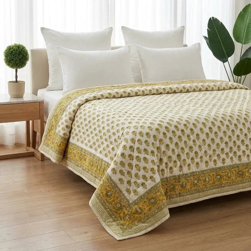 House of Avana Cream & Mustard Yellow Floral Jaipur Indian Hand Block Print Quilted Comforter by House Of Avana