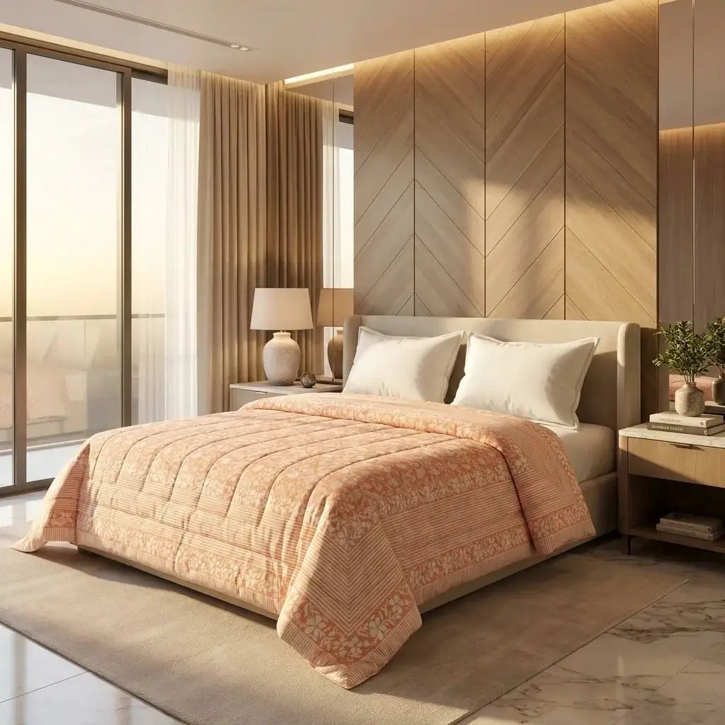 House of Avana Peach & Cream Floral Jaipur Indian Hand Block Print Quilted Comforter by House Of Avana