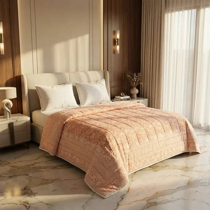 House of Avana Peach & Cream Floral Jaipur Indian Hand Block Print Quilted Comforter by House Of Avana