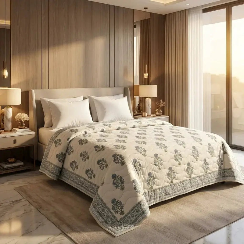 House of Avana Cream & Dusty Blue Floral Jaipur Indian Hand Block Print Quilted Comforter by House Of Avana