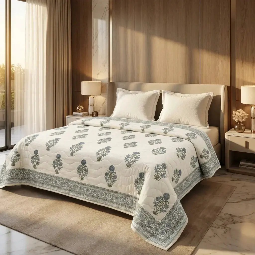 House of Avana Cream & Dusty Blue Floral Jaipur Indian Hand Block Print Quilted Comforter by House Of Avana