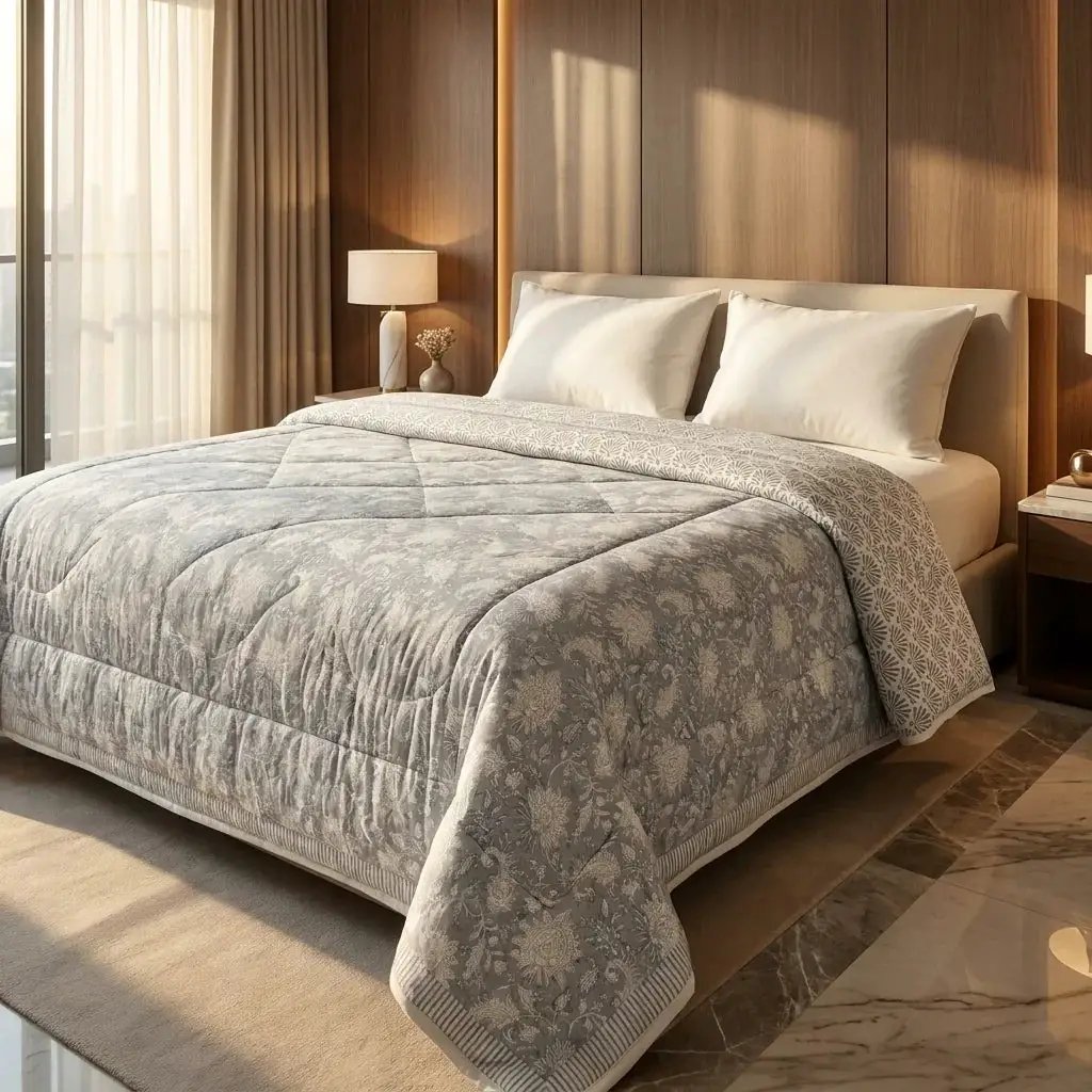 House of Avana Soft Grey & Cream Floral Jaipur Indian Hand Block Print Quilted Comforter by House Of Avana
