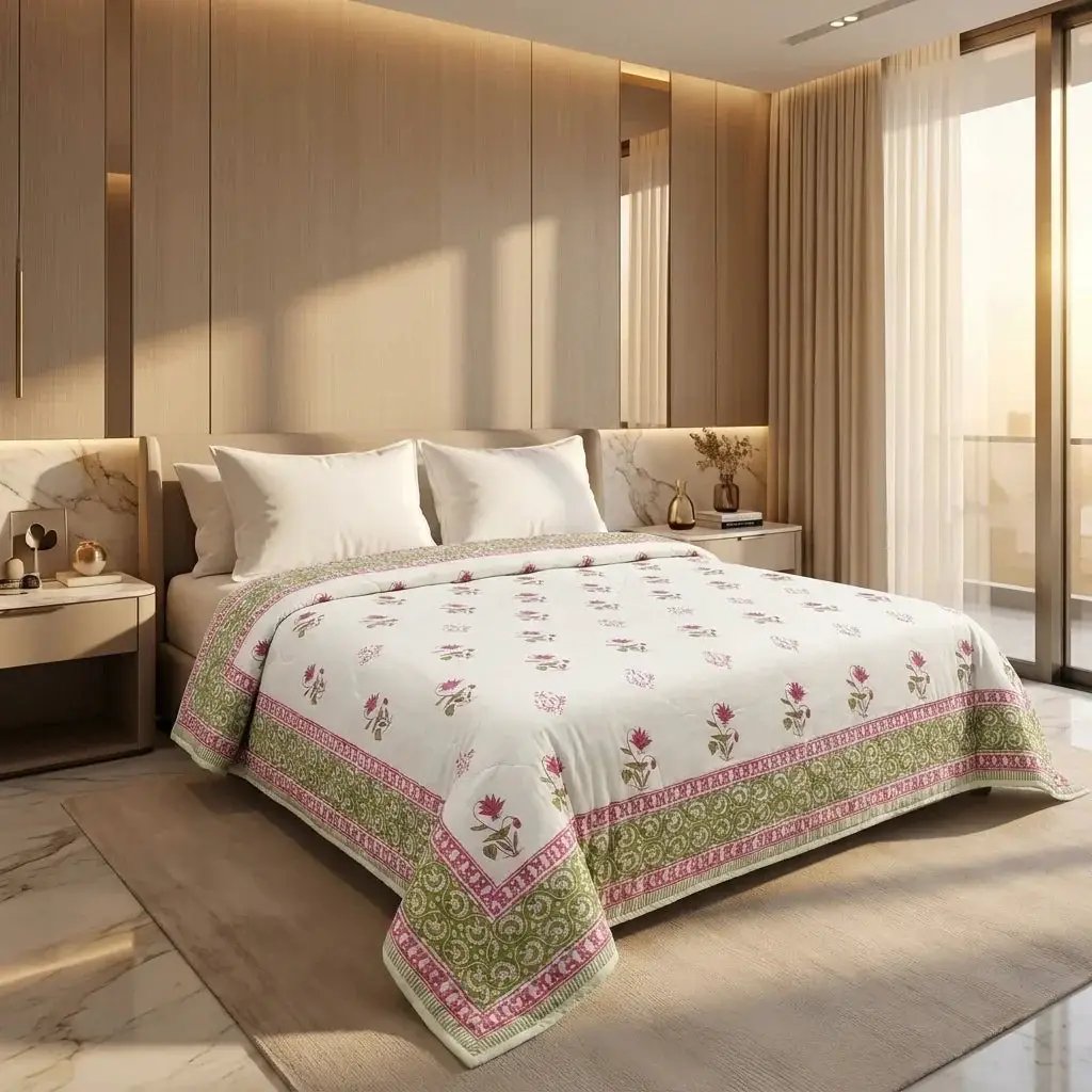 House of Avana Cream & Deep Rose Olive Floral Jaipur Indian Hand Block Print Quilted Comforter by House Of Avana