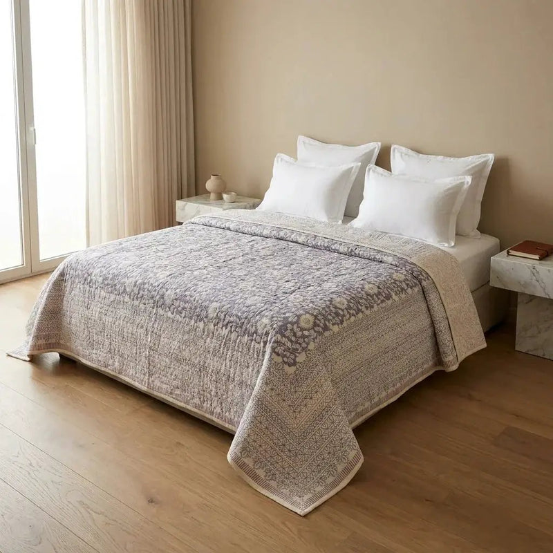House of Avana Cream & Sage Green Floral Jaipur Indian Hand Block Print Quilted Comforter by House Of Avana