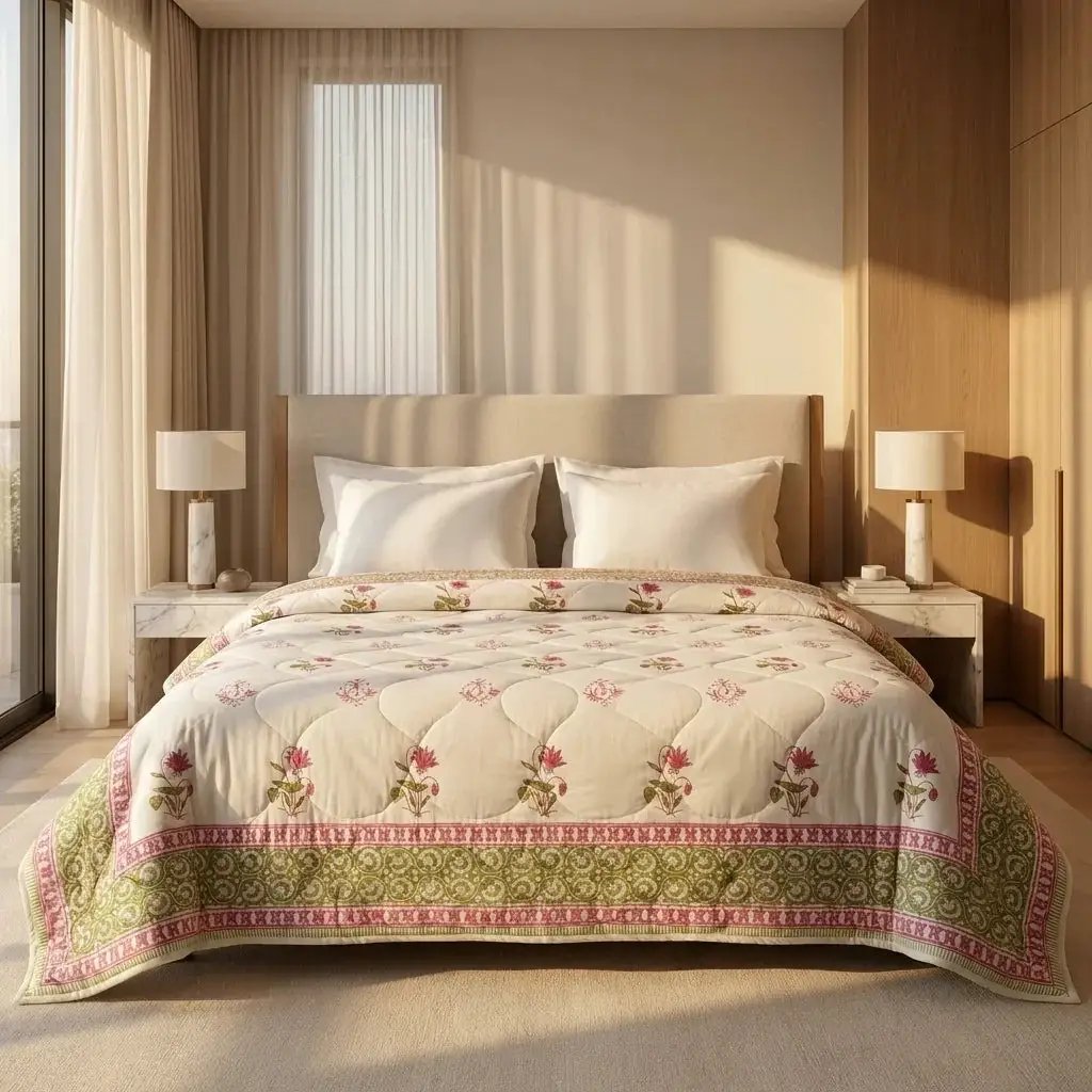 House of Avana Cream & Deep Rose Olive Floral Jaipur Indian Hand Block Print Quilted Comforter by House Of Avana