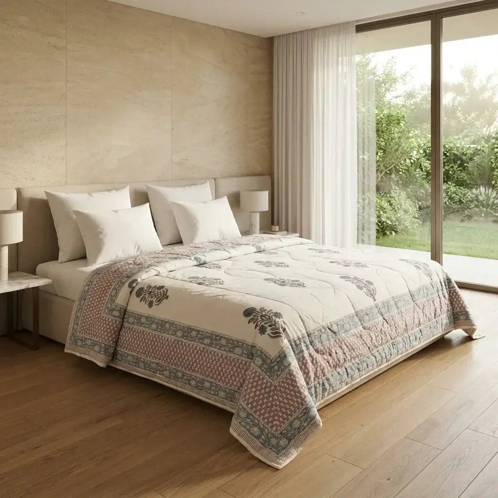 House of Avana Cream & Slate Blue Floral Jaipur Indian Hand Block Print Quilted Comforter by House Of Avana