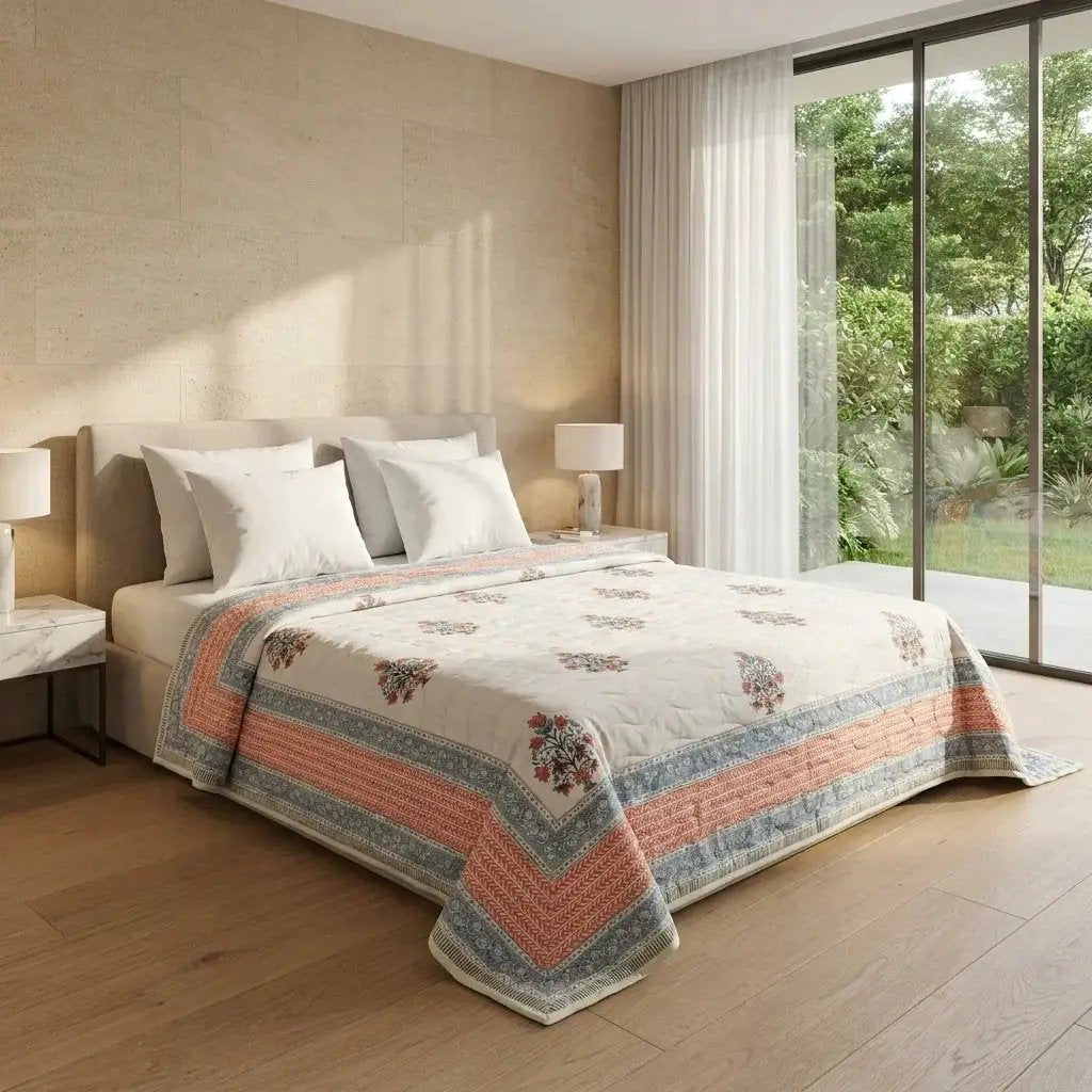 House of Avana Cream & Dusty Blue Mauve Floral Jaipur Indian Hand Block Print Quilted Comforter by House Of Avana