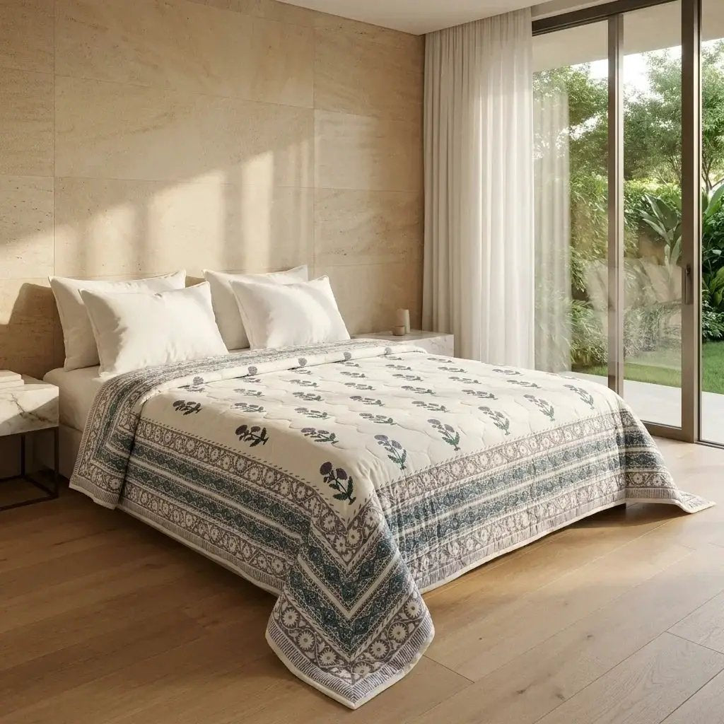 House of Avana Cream & Indigo Blue Floral Jaipur Indian Hand Block Print Quilted Comforter by House Of Avana